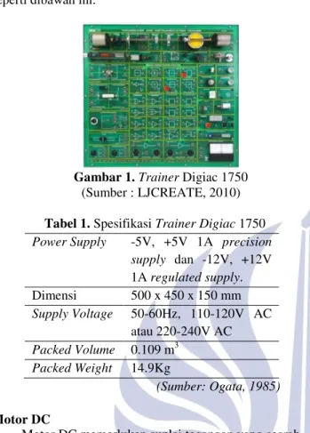Gambar 1. Trainer Digiac 1750  (Sumber : LJCREATE, 2010)  Tabel 1. Spesifikasi Trainer Digiac 1750  Power Supply  -5V,  +5V  1A  precision 