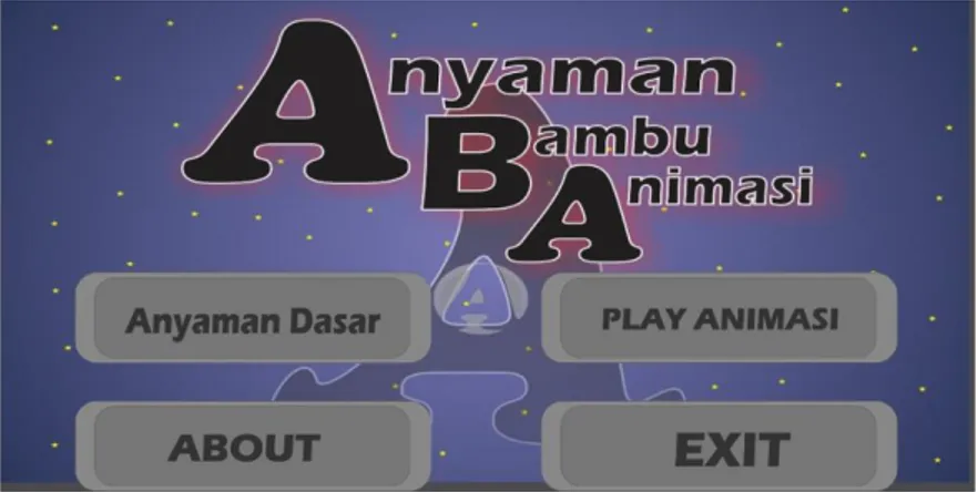 Gambar  3  merupakan  tampilan  dari  Halaman  menu  utama  yang  merupakan  tampilan  awal  dari Aplikasi Animasi Anyaman Bambu