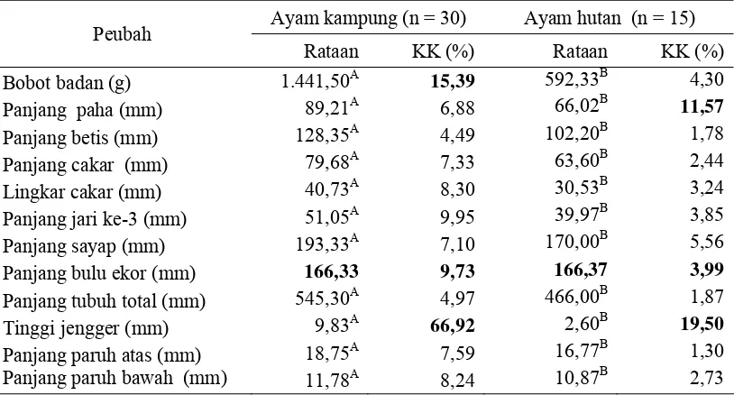 Tabel  19  Rataan dan nilai koefisien keragaman  (KK) bobot badan  dan  ukuran ukuran tubuh  ayam kampung dan ayam hutan merah betina Watutela 