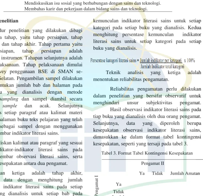 Tabel 3. Format Tabel Kontingensi Kesepakatan  Pengamat II 