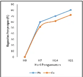 Gambar 2. Kapasitas penyerapan logam Pb(II) dan Cu(II) dalam air lindi 