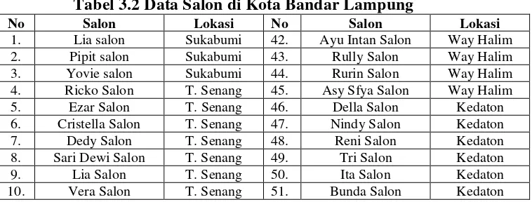 Tabel 3.2 Data Salon di Kota Bandar Lampung 