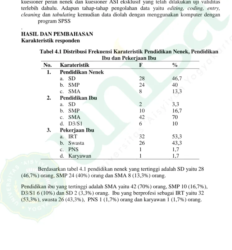 Tabel 4.1 Distribusi Frekuensi Karateristik Pendidikan Nenek, Pendidikan  Ibu dan Pekerjaan Ibu 