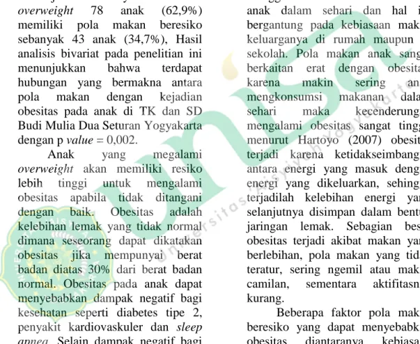 Tabel  4.7  Tabulasi  silang    pola  makan  dengan  kejadian  obesitas  pada  anak  di  TK  dan SD kkelas III Budi Mulia Dua Yogyakarta 