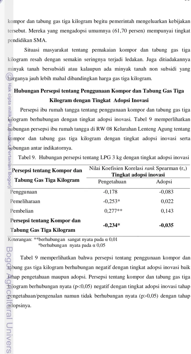 Tabel 9.  Hubungan persepsi tentang LPG 3 kg dengan tingkat adopsi inovasi  Persepsi tentang Kompor dan 