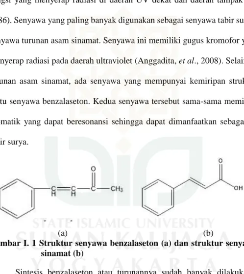 Gambar I. 1 Struktur senyawa benzalaseton (a) dan struktur senyawa asam  sinamat (b) 