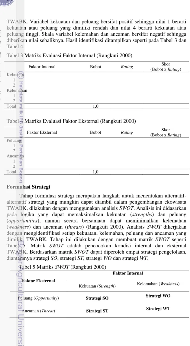 Tabel 3 Matriks Evaluasi Faktor Internal (Rangkuti 2000) 