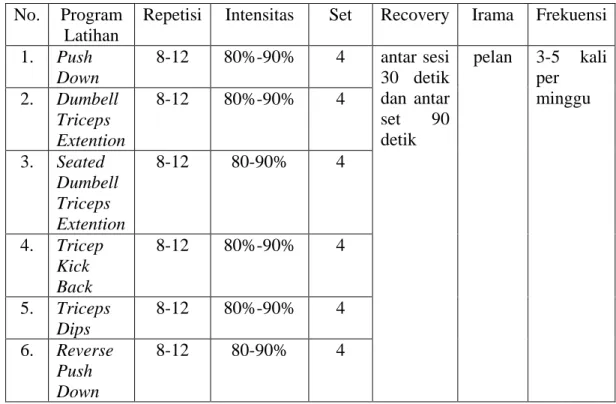 Tabel 5. Program Latihan Otot Triceps Metode Set System 