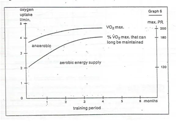 Gambar     Peningkatan   Konsumsi   Oksigen   Maksimal   dan   Persentase   Konsumsi  Oksigen Maksimal setelah latihan (Janssen, 1989:25)