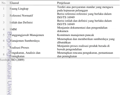 Tabel 1. Penjelasan klausul-klausul dalam ISO/TS 16949 