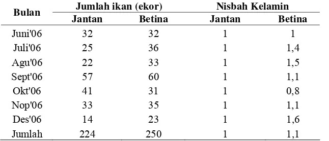 Tabel 7. Nisbah kelamin ikan selais (O. hypophthalmus) di rawa banjiran Sungai Kampar Kiri dari bulan Juni-Desember 2006 