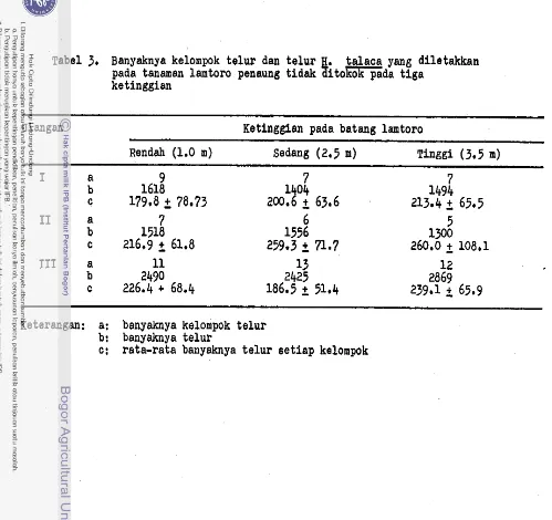 Tabel Banyaknya kelompok telur dan telur pada tanaman lamtoro penaung tidak ito-da . 3, a talaca yang diletakkan tiga 