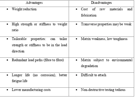 Table 2.1: Advantages and disadvantages of composites [11]. 
