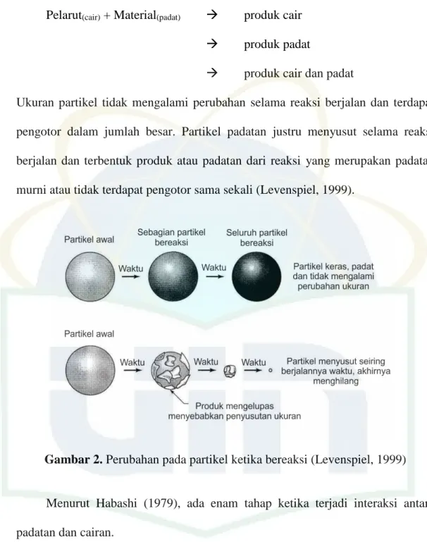 Gambar 2. Perubahan pada partikel ketika bereaksi (Levenspiel, 1999) 