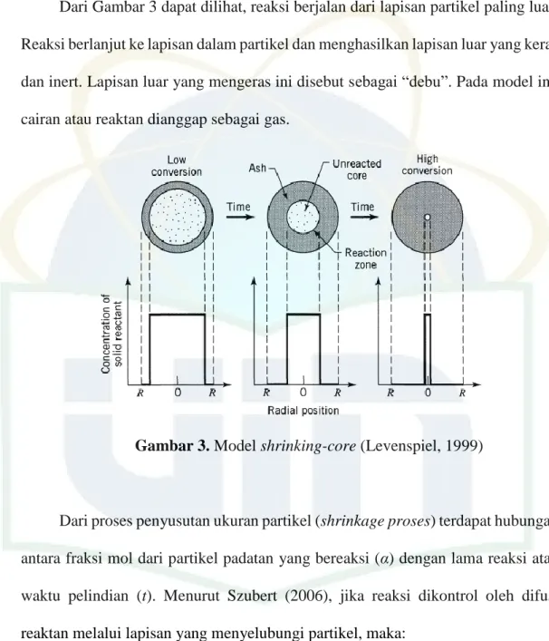 Gambar 3. Model shrinking-core (Levenspiel, 1999) 
