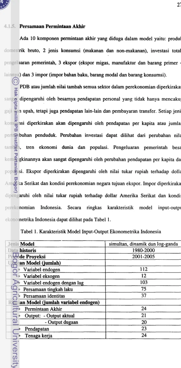 Tabel  1. Karakteristik Model Input-Output Ekonometrika Indonesia  Jenis Model 