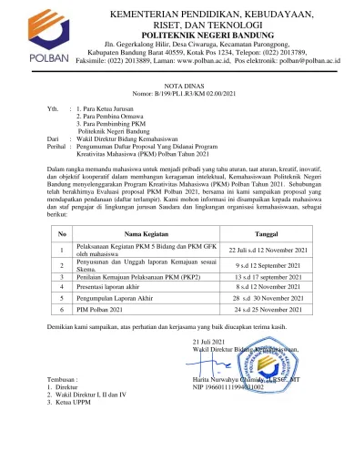 Nota Dinas Nomor B199pl1r3km 02002021 No Nama Kegiatan Tanggal