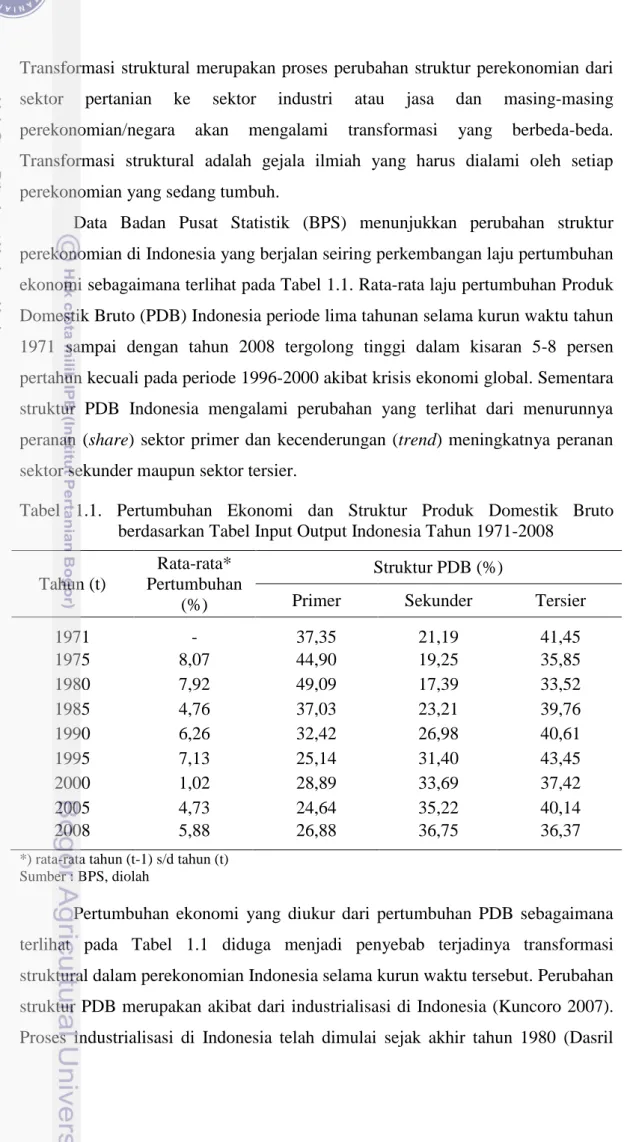 Tabel  1.1.  Pertumbuhan  Ekonomi  dan  Struktur  Produk  Domestik  Bruto  berdasarkan Tabel Input Output Indonesia Tahun 1971-2008 