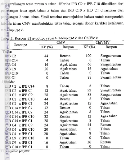 Tabel 11 Respon 21 genotipe cabai terhadap CMV dan ChiVMV 