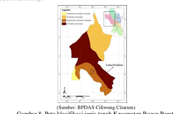 Gambar 8  Peta klasifikasi jenis tanah Kecamatan Bogor Barat. 
