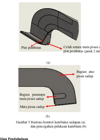 Gambar 5 Ilustrasi kontrol ketebalan sadapan (a)  dan pencegahan pelukaan kambium (b) 