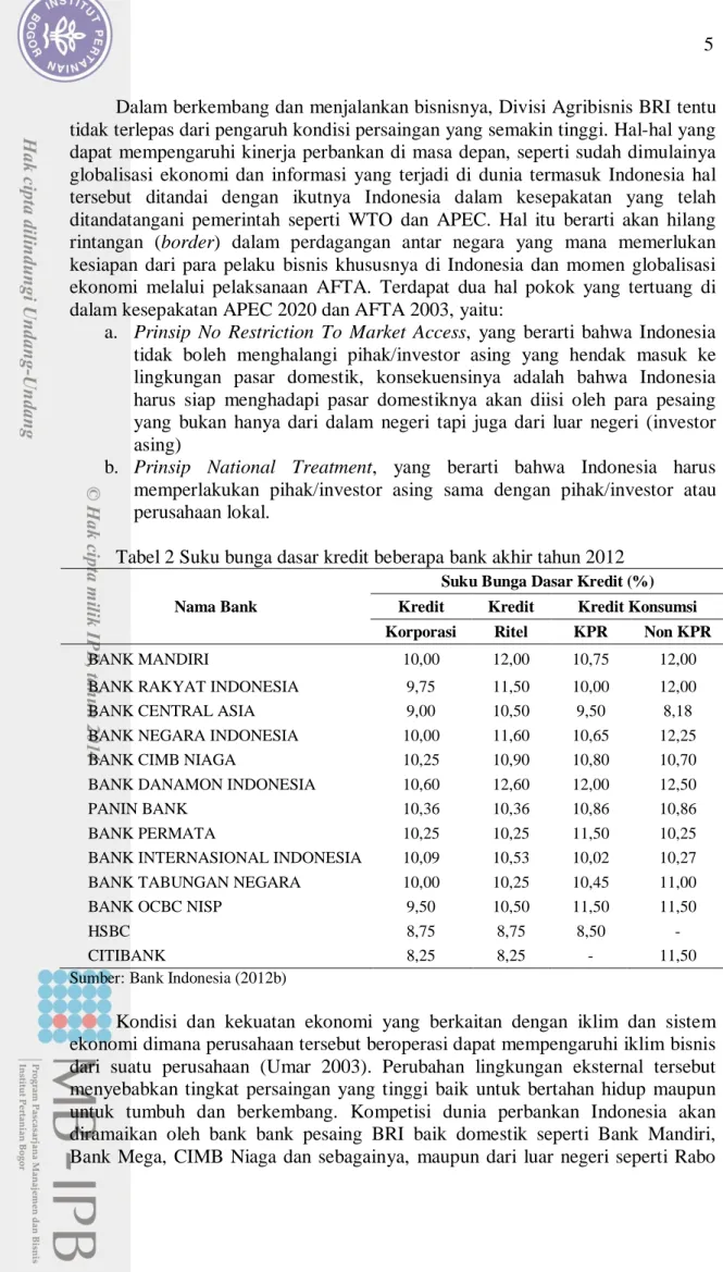 Tabel 2 Suku bunga dasar kredit beberapa bank akhir tahun 2012 