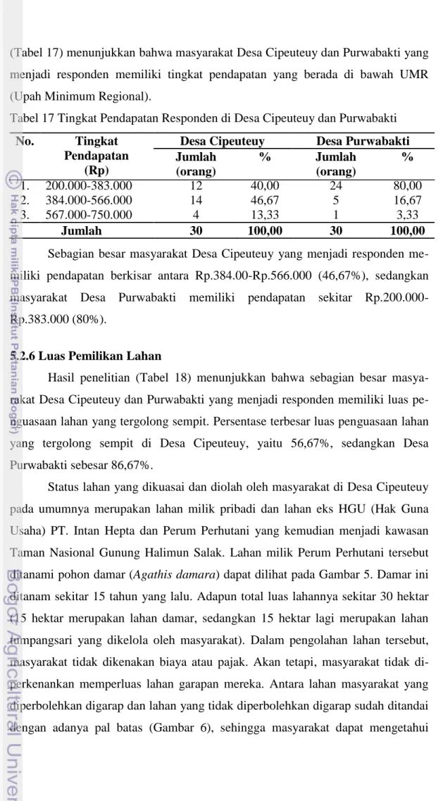 Tabel 17 Tingkat Pendapatan Responden di Desa Cipeuteuy dan Purwabakti  No.  Tingkat 