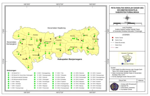 Gambar 1. Peta Persebaran Fasilitas Sekolah Dasar Kecamatan Bukateja   B.  Radius Keruangan Pencapaian Maksimal Fasilitas Sekolah Dasar 