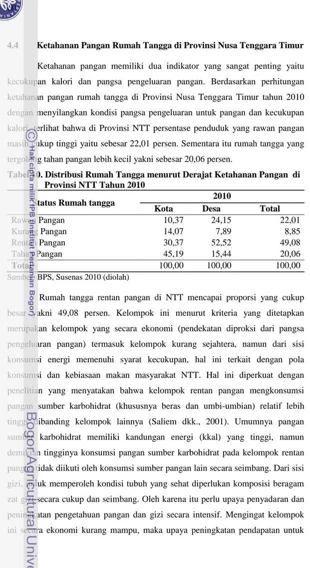 Tabel 10. Distribusi Rumah Tangga menurut Derajat Ketahanan Pangan  di  Provinsi NTT Tahun 2010 