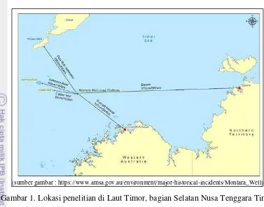 Gambar 1. Lokasi penelitian di Laut Timor, bagian Selatan Nusa Tenggara Timur Laut Timor berada di bagian selatan Provinsi Nusa Tenggara Timur yang berbatasan secara langsung dengan perairan Australia