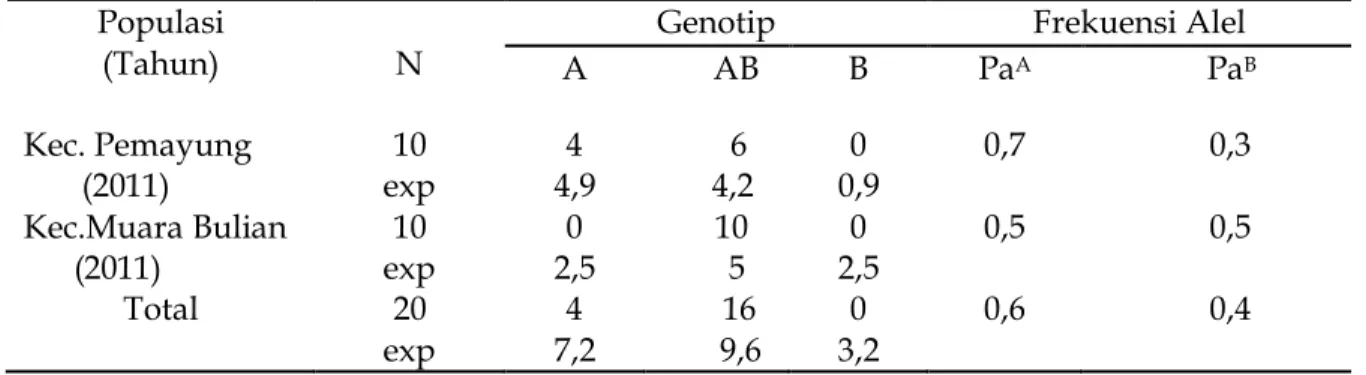Tabel 3 :  Variasi Elektroforesis Genotip dan  Frekuensi Alel Transferin (Tf) pada  Plasma Darah Domba 