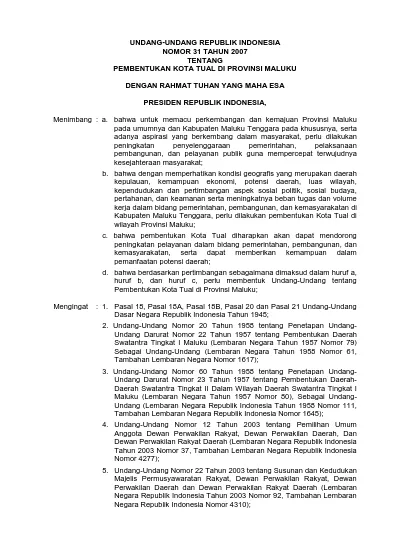 UNDANG-UNDANG REPUBLIK INDONESIA NOMOR 31 TAHUN 2007 TENTANG ...