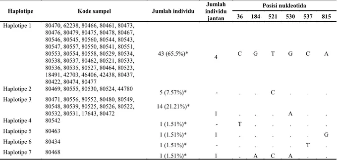 Tabel 2. Situs variasi dari 66 individu burung pelican meliputi haplotipe, kode sampel, persentase haplotipe,  jumlah individu jantan, dan posisi nukleotida