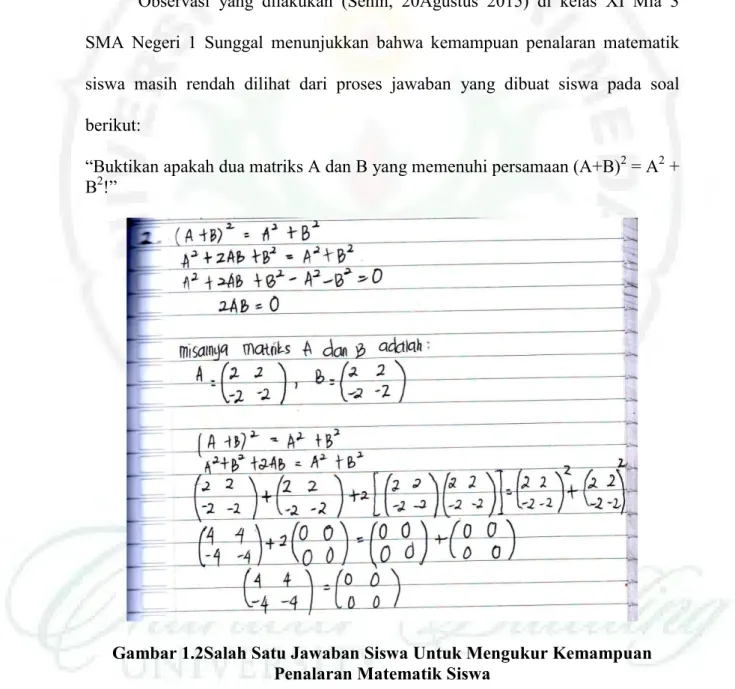 Gambar 1.2Salah Satu Jawaban Siswa Untuk Mengukur Kemampuan  Penalaran Matematik Siswa 