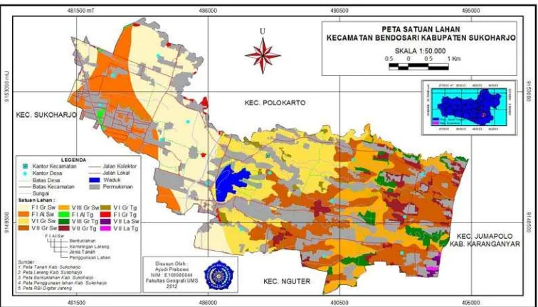 Gambar 1. Peta   Satuan   Lahan   Kecamatan   Bendosari   Kabupaten   Sukoharjo                   (Sumber : Penulis, 2012) 