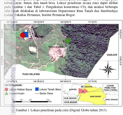 Gambar 1 Lokasi penelitian pada citra (Digital Globe tahun 2013) 