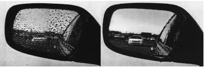 Figure 1.1: Anti-fogging effect of automobile side-view mirror: conventional mirror (left) and TiO2-