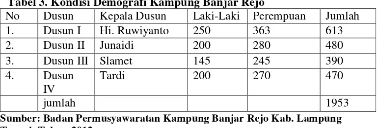 Tabel 3. Kondisi Demografi Kampung Banjar Rejo 