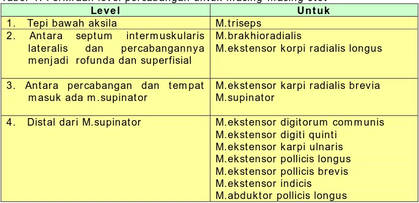 Tabel-1. Perkiraan level percabangan untuk masing-masing otot Level Untuk 