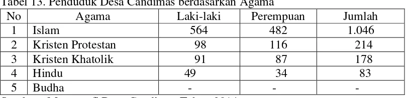 Tabel 13. Penduduk Desa Candimas berdasarkan Agama 