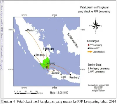 Gambar 4  Peta lokasi hasil tangkapan yang masuk ke PPP Lempasing tahun 2014 