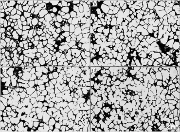 Fig. 4 Microstructures of permanent mould cast for Al−6Si−3Cu−0.3Mg (a), Al−6Si−4Cu−0.3Mg (b), Al−6Si−5Cu−0.3Mg (c) and Al−6Si−6Cu−0.3Mg (d)  