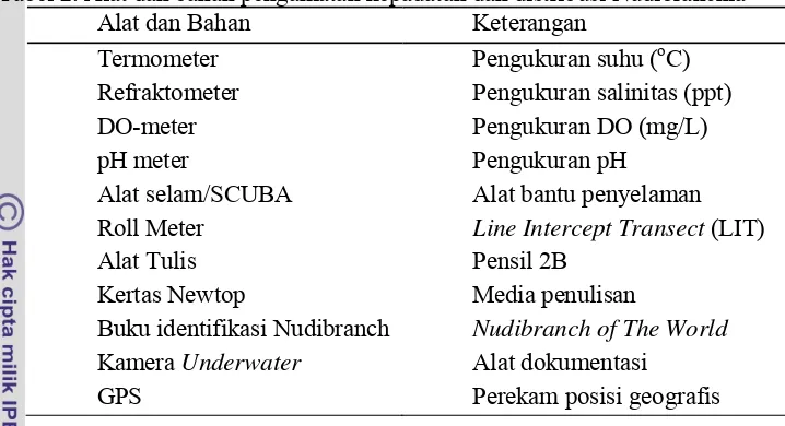 Tabel 2. Alat dan bahan pengamatan kepadatan dan distribusi Nudibranchia 