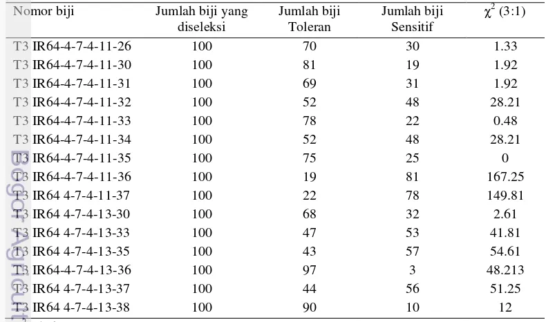 Tabel 2  Segregasi biji IR64-4 generasi T2 yang diseleksi dengan antibiotik higromisin 