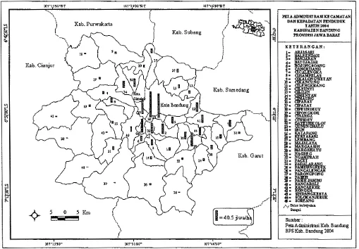 Gambar 6 Peta administrasi kecamatan dan kepadatan penduduk Kabupaten Bandung. 