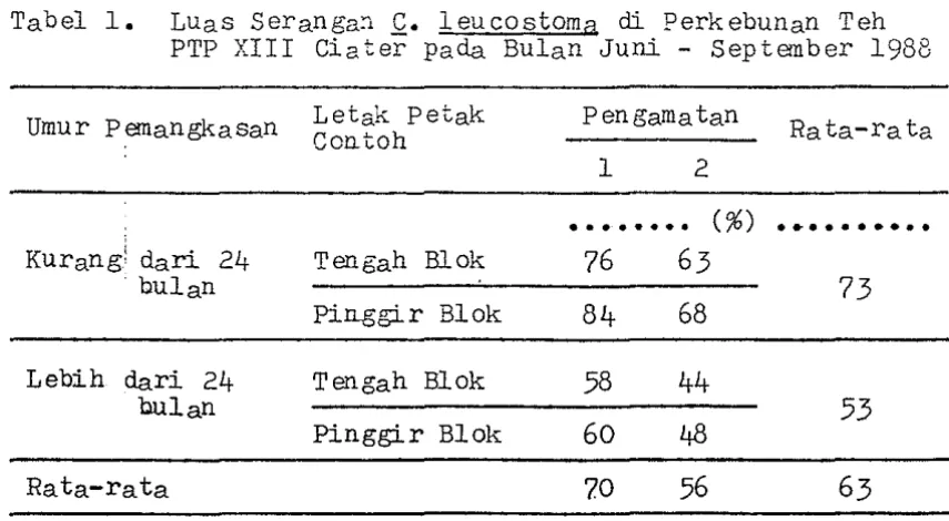 Tabel 1. LUas Seranga:l I.. leucostoma eli Perkebunan PTP XIII Ciater pada Bulan Juni -
