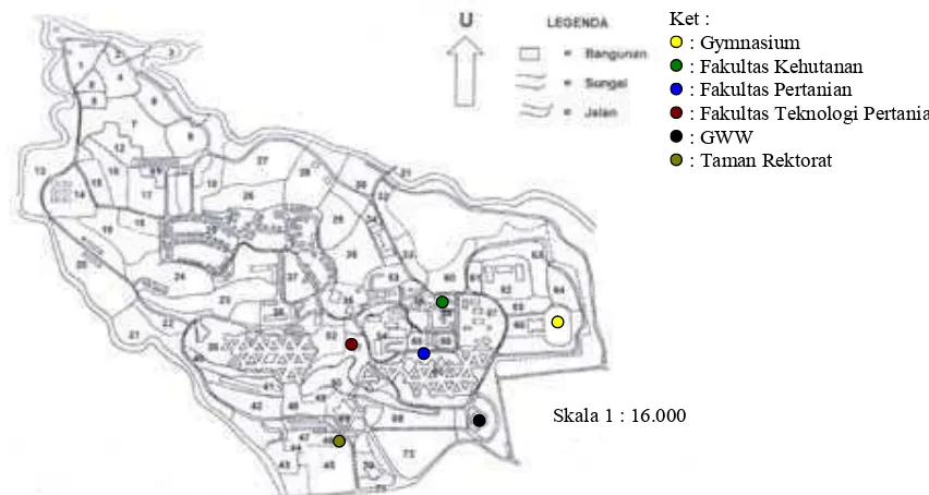 Gambar 2.  Peta Lokasi Penelitian di Kampus IPB Darmaga (Sumber PPLH IPB). 