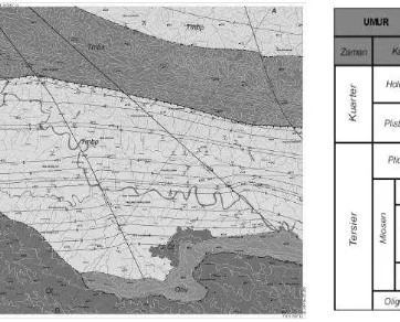 Gambar 2 (kiri). Peta Geologi Daerah Penelitian, dan Tabel 1 (kanan). Kolom Stratigrafi Daerah Penelitian 