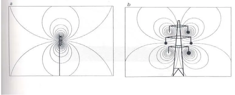 Gambar 1. Garis-garis medan magnet yang dihasilkan oleh sebuah jaringan transmisi (a) dan yang dihasilkan oleh jaringan transmisi ganda (b)