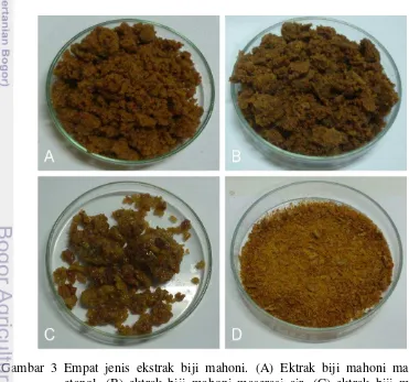 Gambar 3 Empat jenis ekstrak biji mahoni. (A) Ektrak biji mahoni maserasi 
